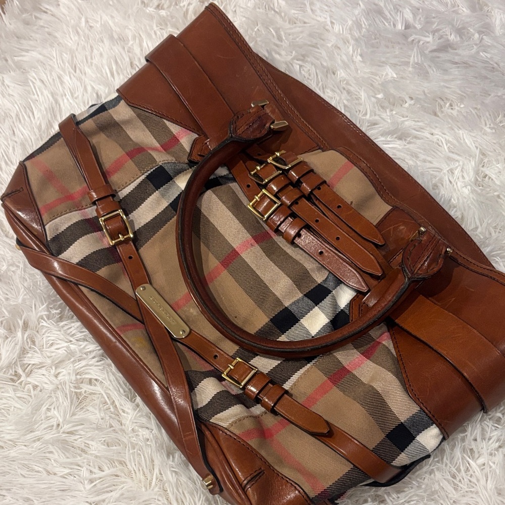 Burberry Brown Leather & Beige Check Duffel Bag